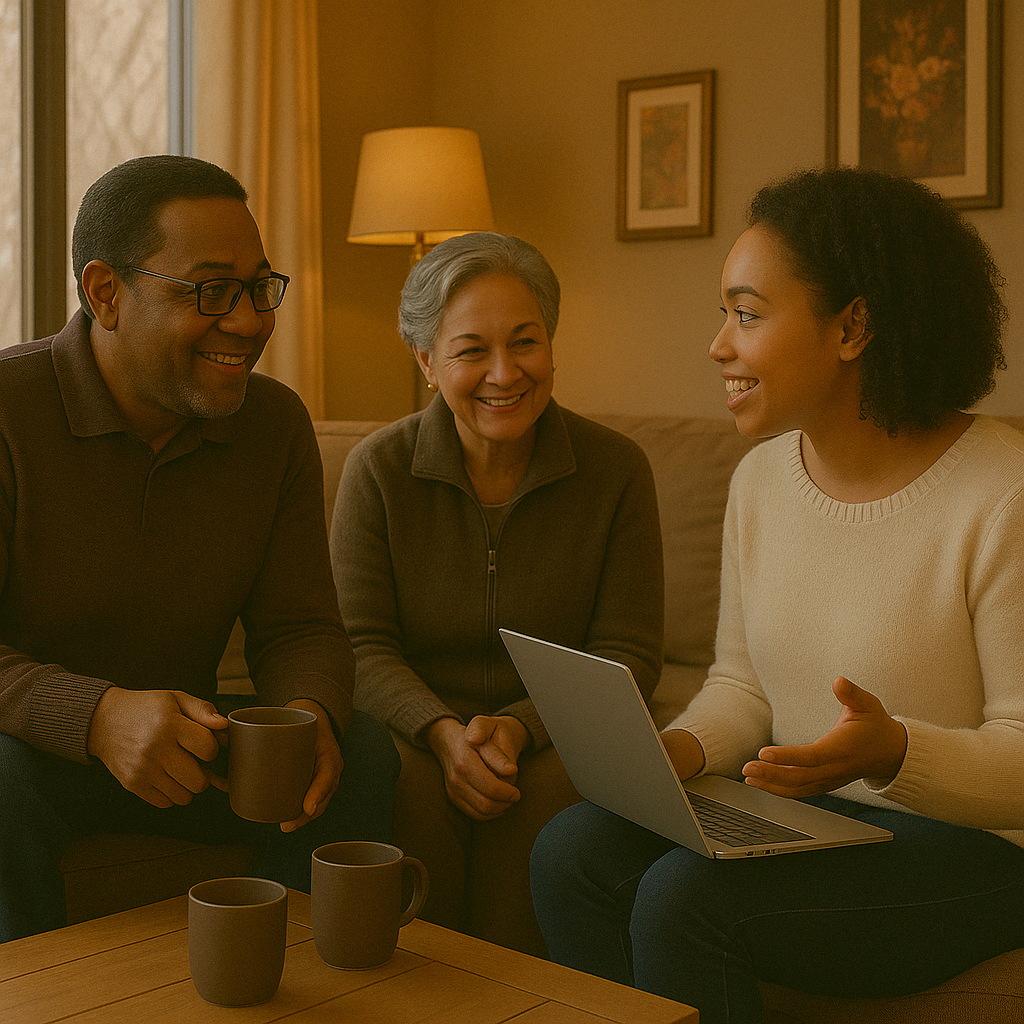 An adult child talking with her parents on a couch.