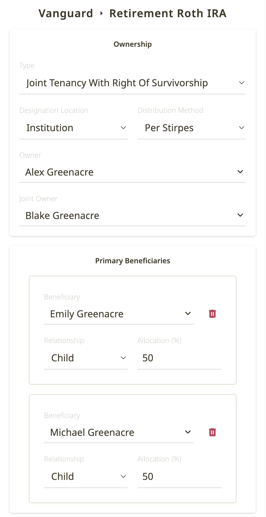A screenshot of the app showing joint ownership of an account and two primary beneficiaries
