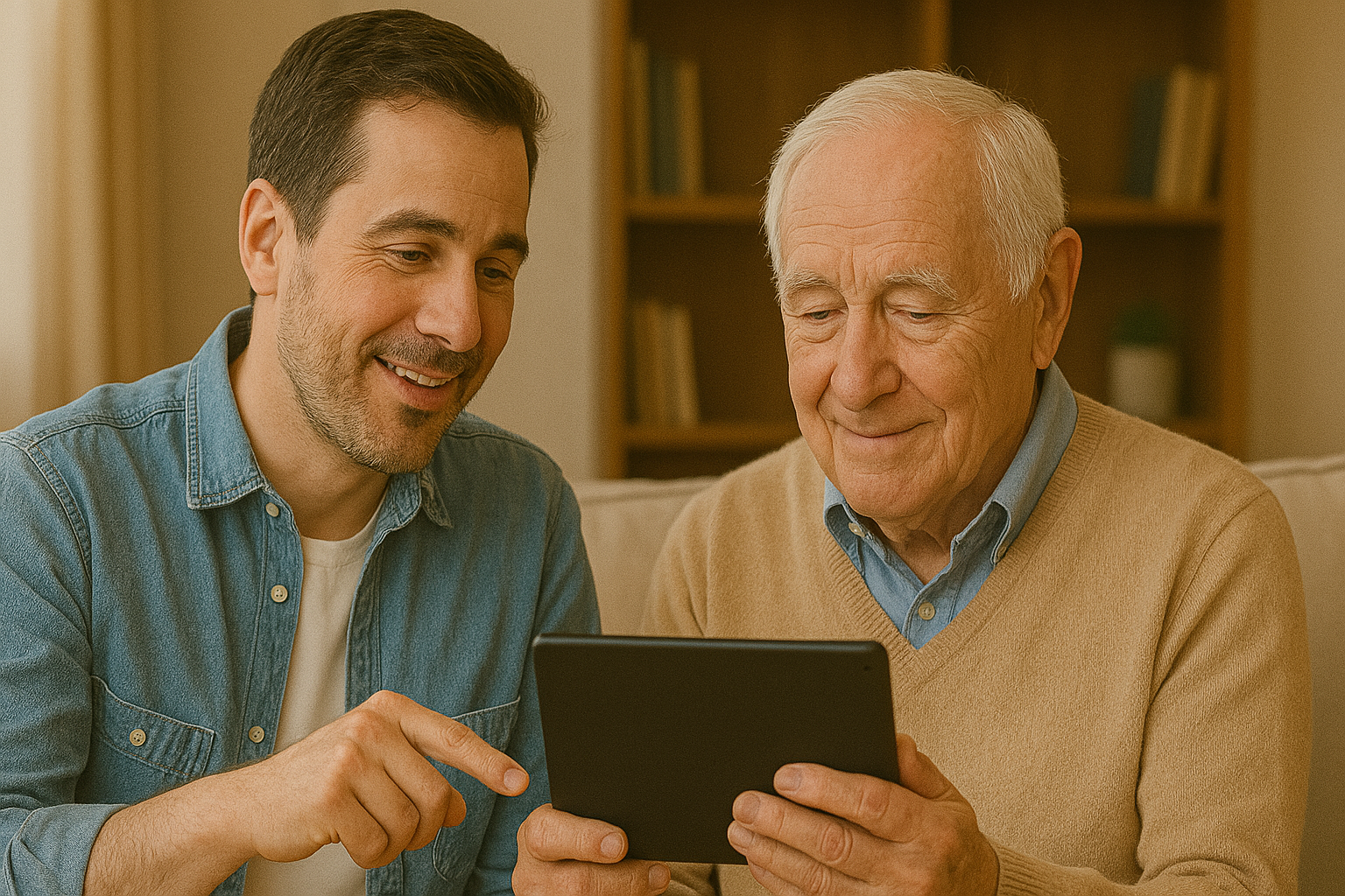Family members helping elderly parents manage finances together